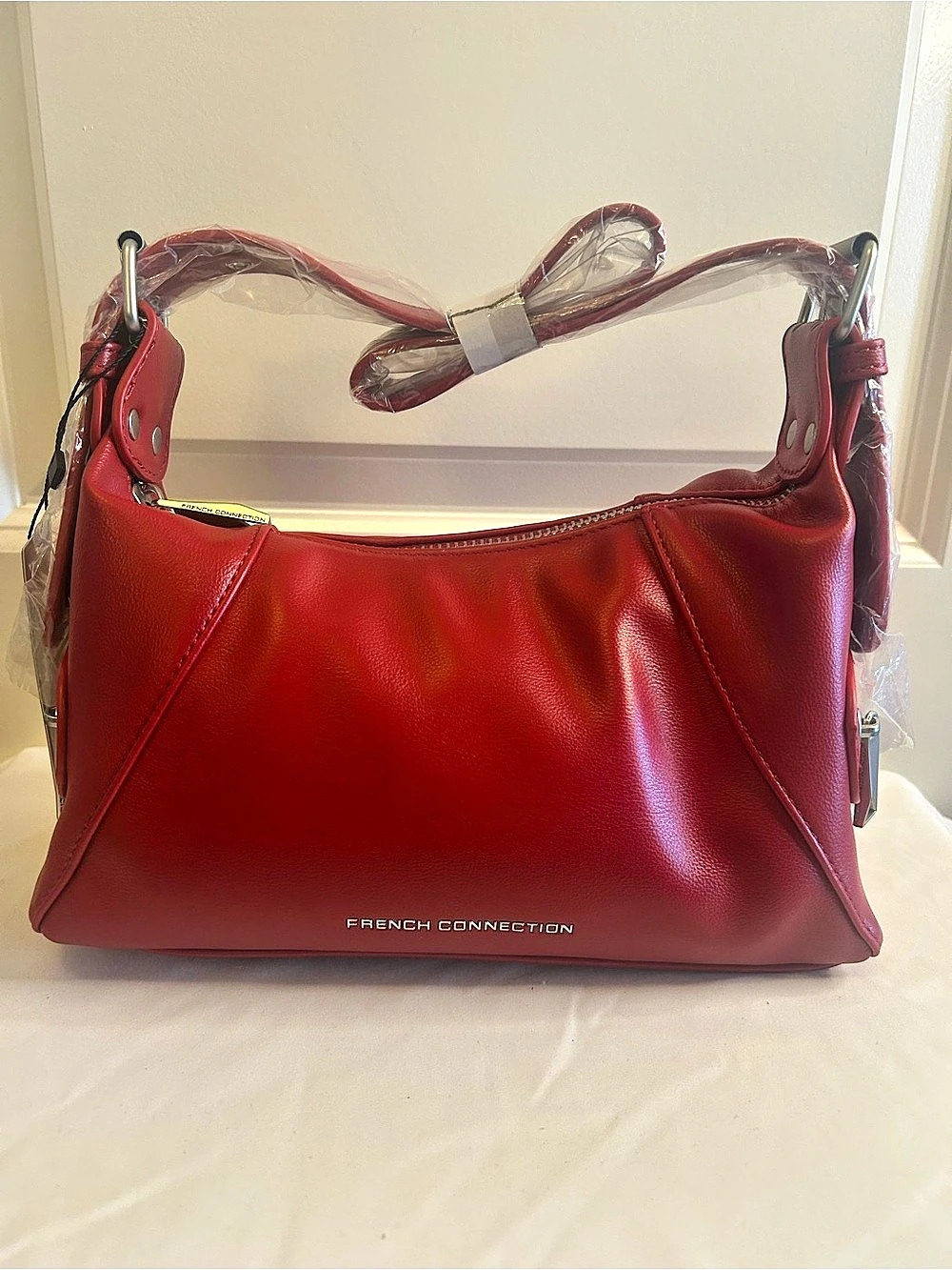 French Connection Myle Textured Smooth Zip Pocket Shoulder Red Bag